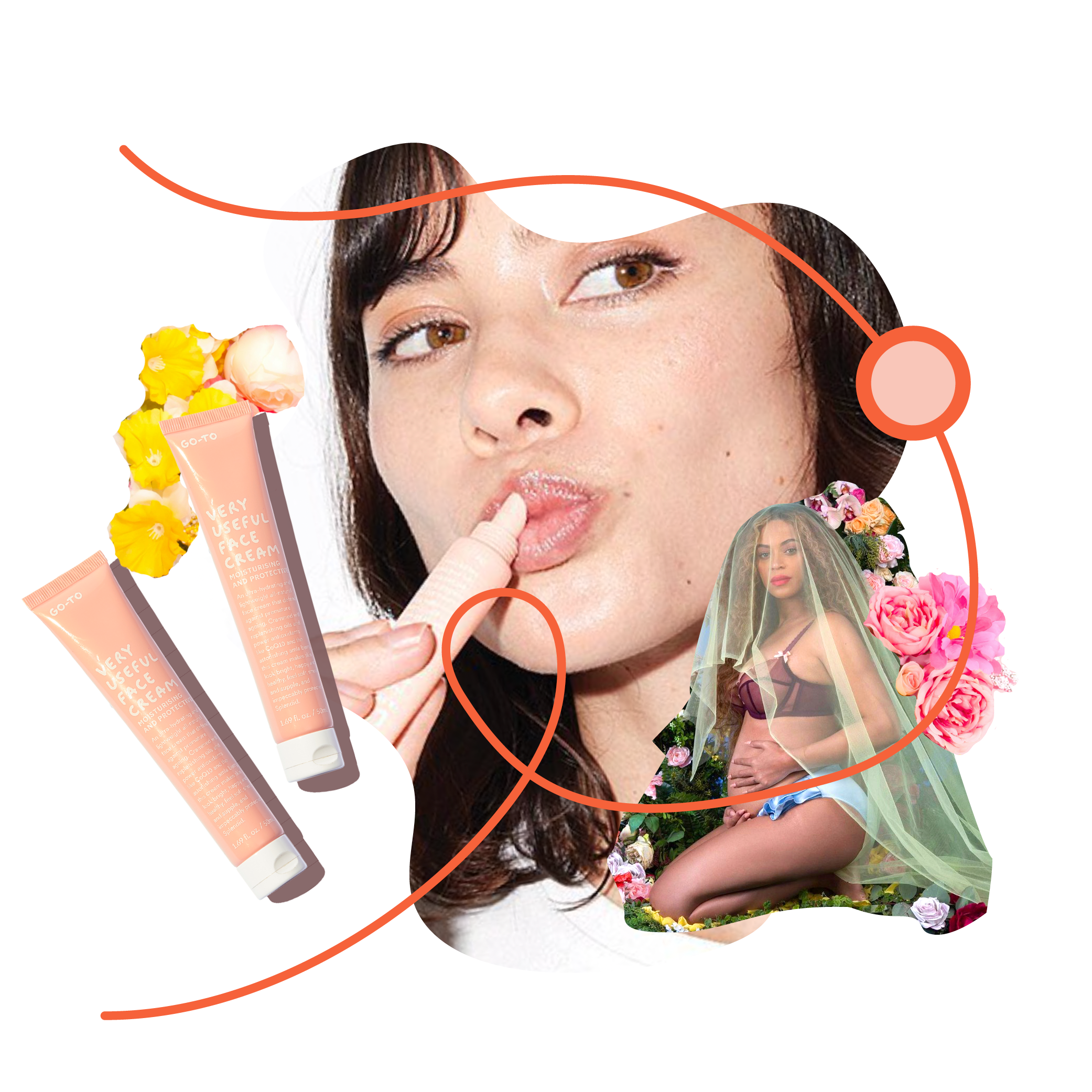 A collage features a woman applying lip balm, two pink tubes of beauty cream, yellow and pink flowers, and a woman in lingerie with a veil, all connected by an abstract line on a white background.