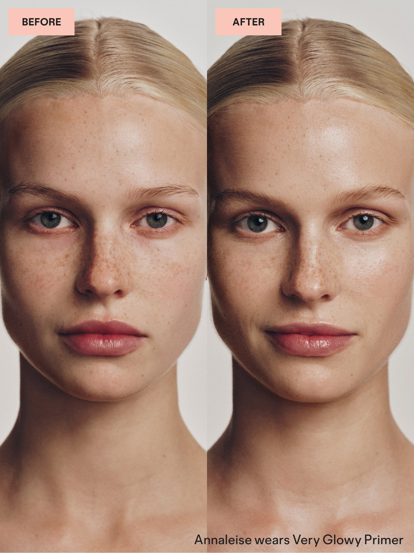 Before and after of Annaleise using Very Glowy Primer, showing enhanced skin radiance and smoothness.