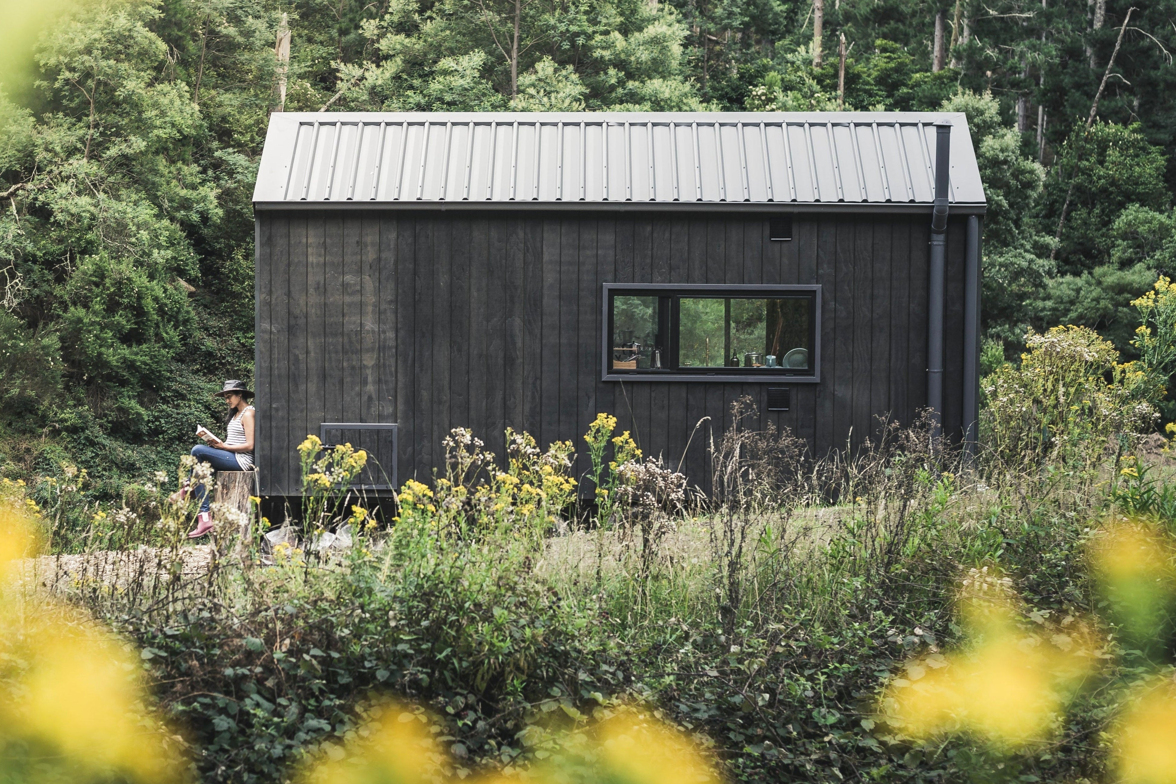 A small black building in the woods.