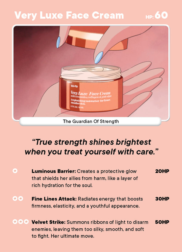 An illustrated ad for Very Luxe Face Cream shows a hand opening a jar of the cream. Below, product details list benefits and HP values. The background is peach-colored, with elegant fonts and decorative graphics.