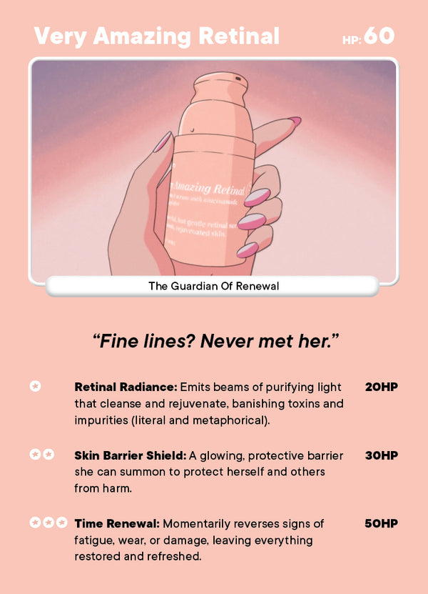A hand with long pink nails holds a bottle labeled Amazing Retinal against a pink background. Text below lists product benefits like radiance, skin barrier protection, and time renewal with corresponding HP points.