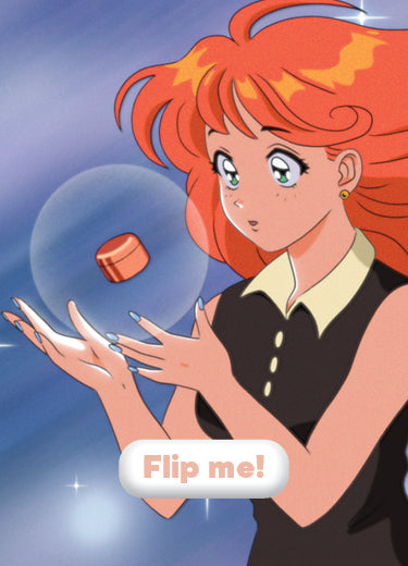 An anime-style girl with bright orange hair and green eyes floats a copper coin between her hands against a blue, dreamy background. A button at the bottom says, Flip me!.