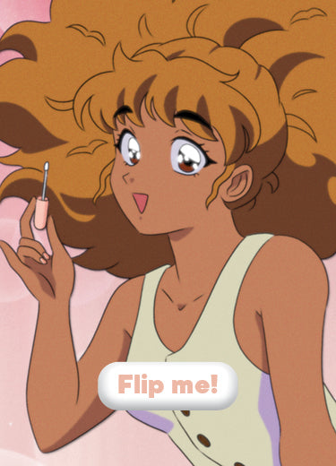 Anime-style woman with curly brown hair and tan skin, wearing a sleeveless light top, cheerfully holding up a pink and white tool. The words Flip me! appear on a button over her chest.