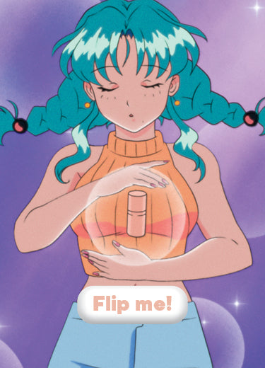 Anime-style character with teal hair in pigtails and an orange sleeveless top holds a small cylindrical object. A white button with the text Flip me! appears at the bottom. The background is purple with light bubbles.