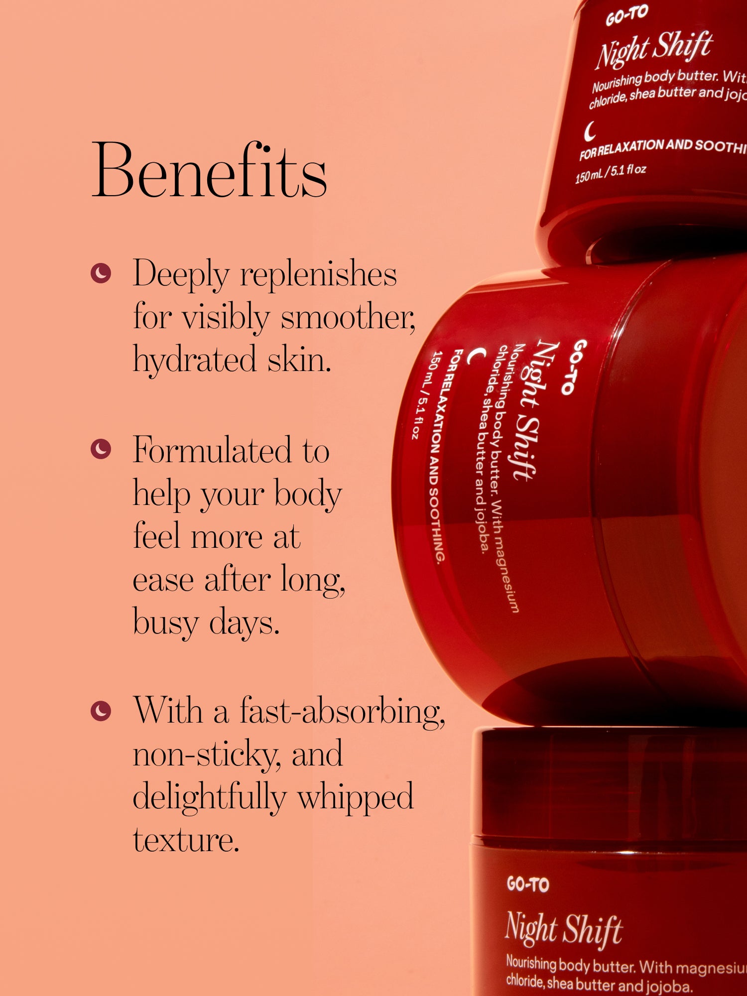 Red body butter jar with 'Night Shift' text on a pink background, featuring product benefits.