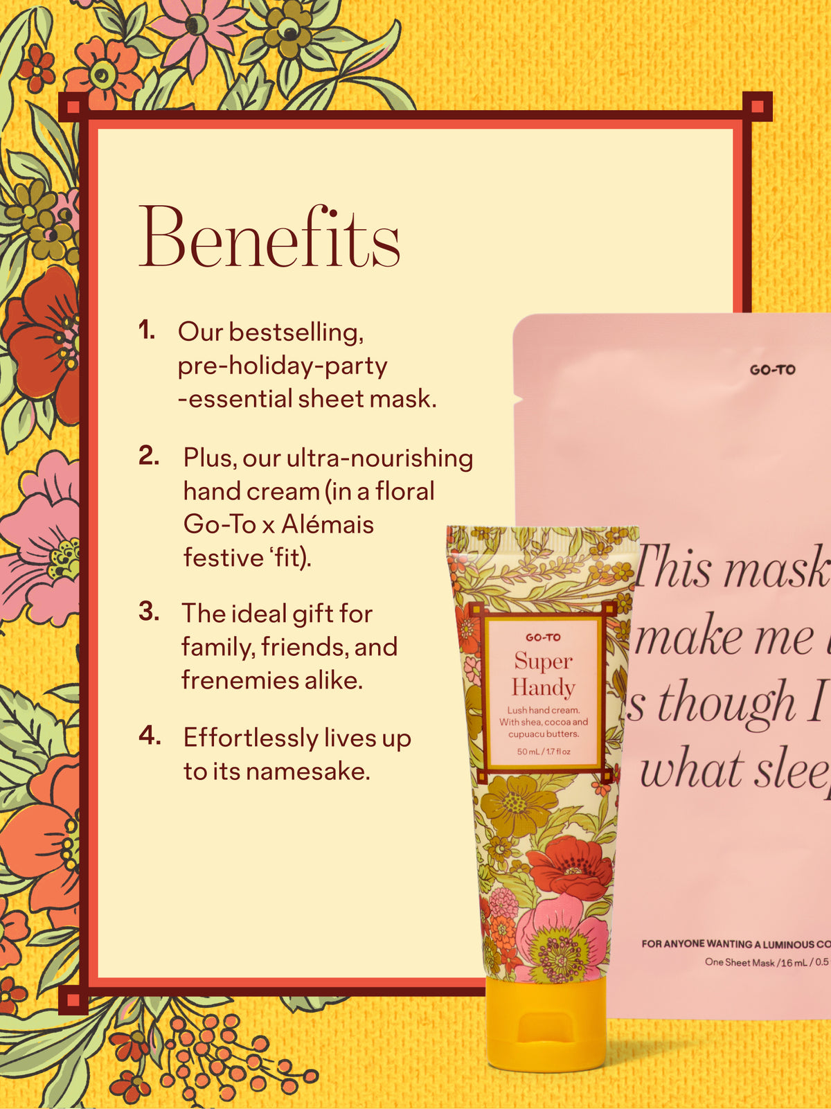Go To Skincare gift set featuring a floral Transformazing sheet mask and Super Handy hand cream beside a benefits card on a bright botanical background