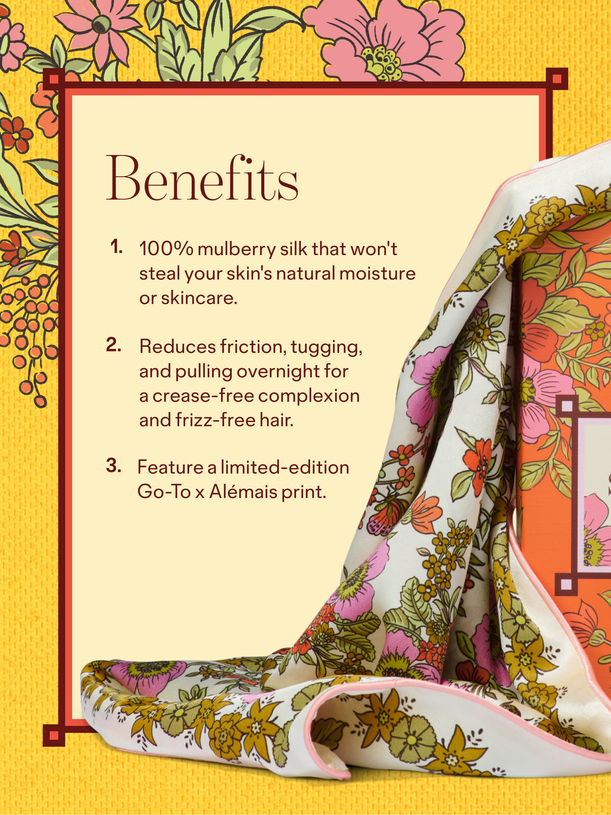 Benefits infographic showing a floral Sweet Sleeps silk pillowcase made from 100 percent mulberry silk with crease free skin and frizz free hair claims from Go To Skincare