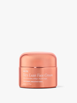 Copper jar of Go-To Very Luxe Face Cream with ceramides, collagen, and pink algae for firmer, smoother skin.