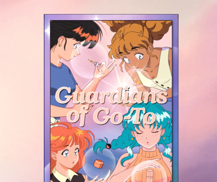 Four anime-style girls apply makeup together on a pastel background. The text Guardians of Go-To is displayed in large letters across the center of the image.