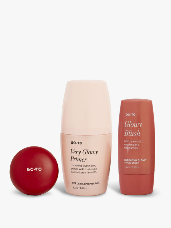 Go-To skincare set with Very Glowy Primer, Glowy Blush, and lip balm. Hydrating products for radiant, dewy skin.